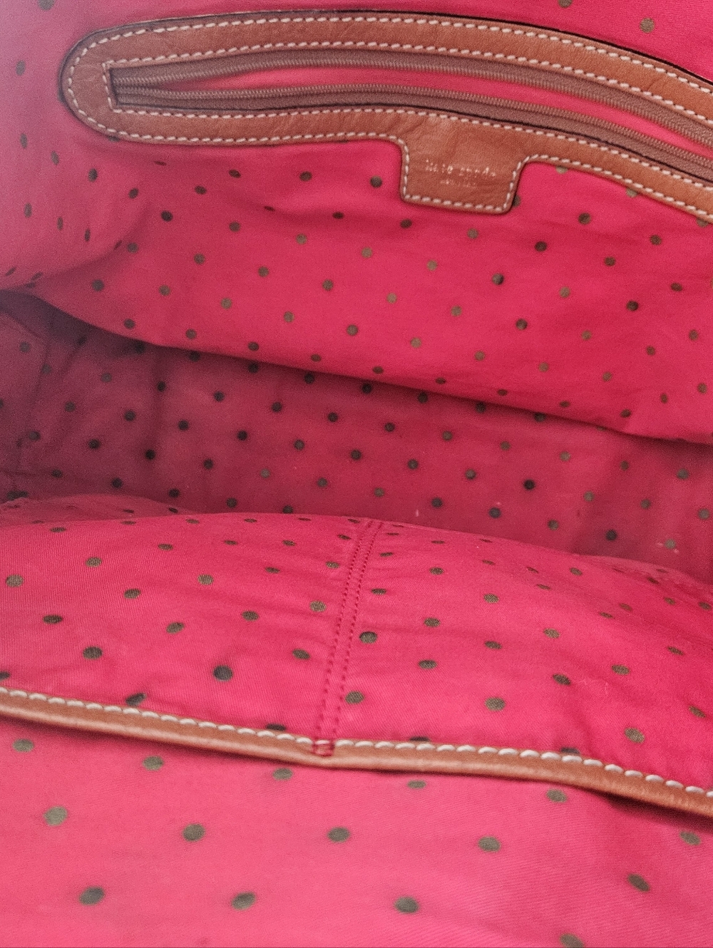 Kate Spade Noel Dot Jacquard Tote Bag Brown Red Stripe Leather Trim - Picture 8 of 10
